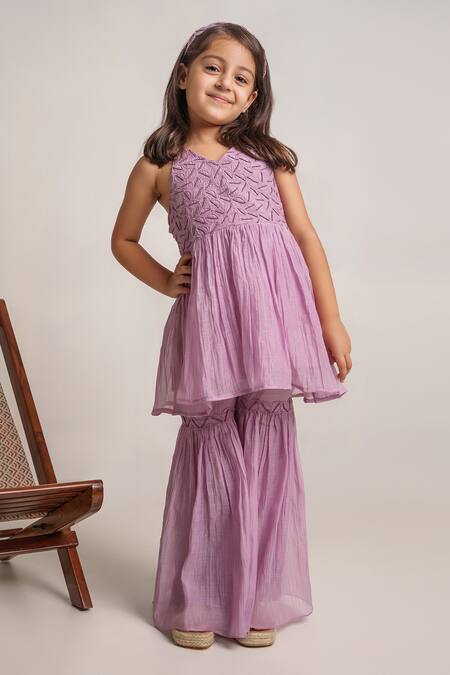 Purple Chanderi Embroidered Peplum Top & Gharara Set for Girls
