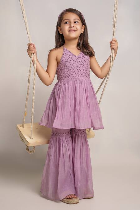 Purple Chanderi Embroidered Peplum Top & Gharara Set for Girls