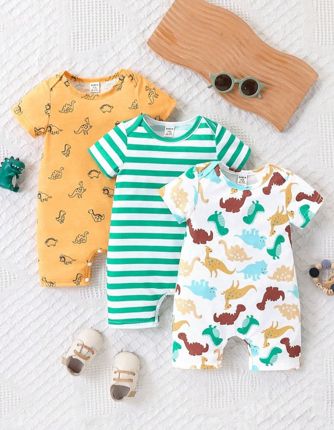 3pcs/Set Toddler Boys' Cartoon Print Romper Outfit, Summer