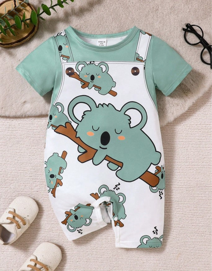 Baby Boy Cute Animal Print Strap Shorts With Round Neck Short Sleeve Romper