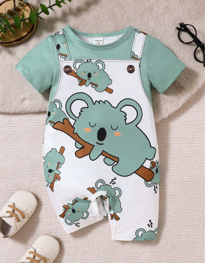 Baby Boy Cute Animal Print Strap Shorts With Round Neck Short Sleeve Romper