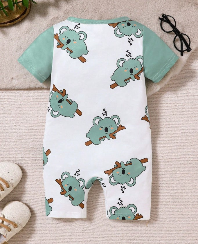 Baby Boy Cute Animal Print Strap Shorts With Round Neck Short Sleeve Romper