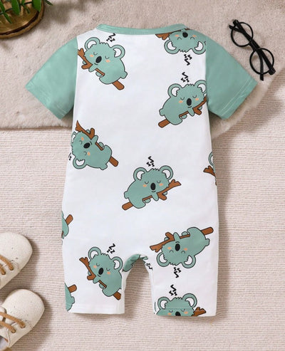 Baby Boy Cute Animal Print Strap Shorts With Round Neck Short Sleeve Romper