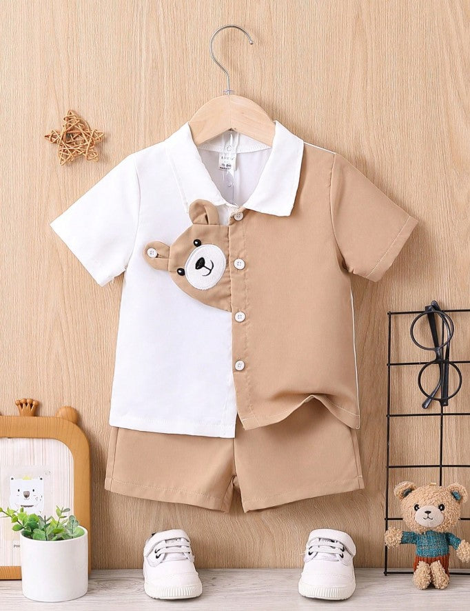 2pcs Baby Boy Summer Casual Cute 3D Bear Shirt & Shorts Outfit