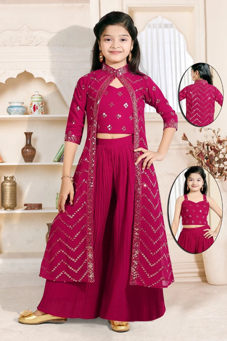 Girls Fuchsia Red Sharara Kurta Set with Dupatta – Festive Edition