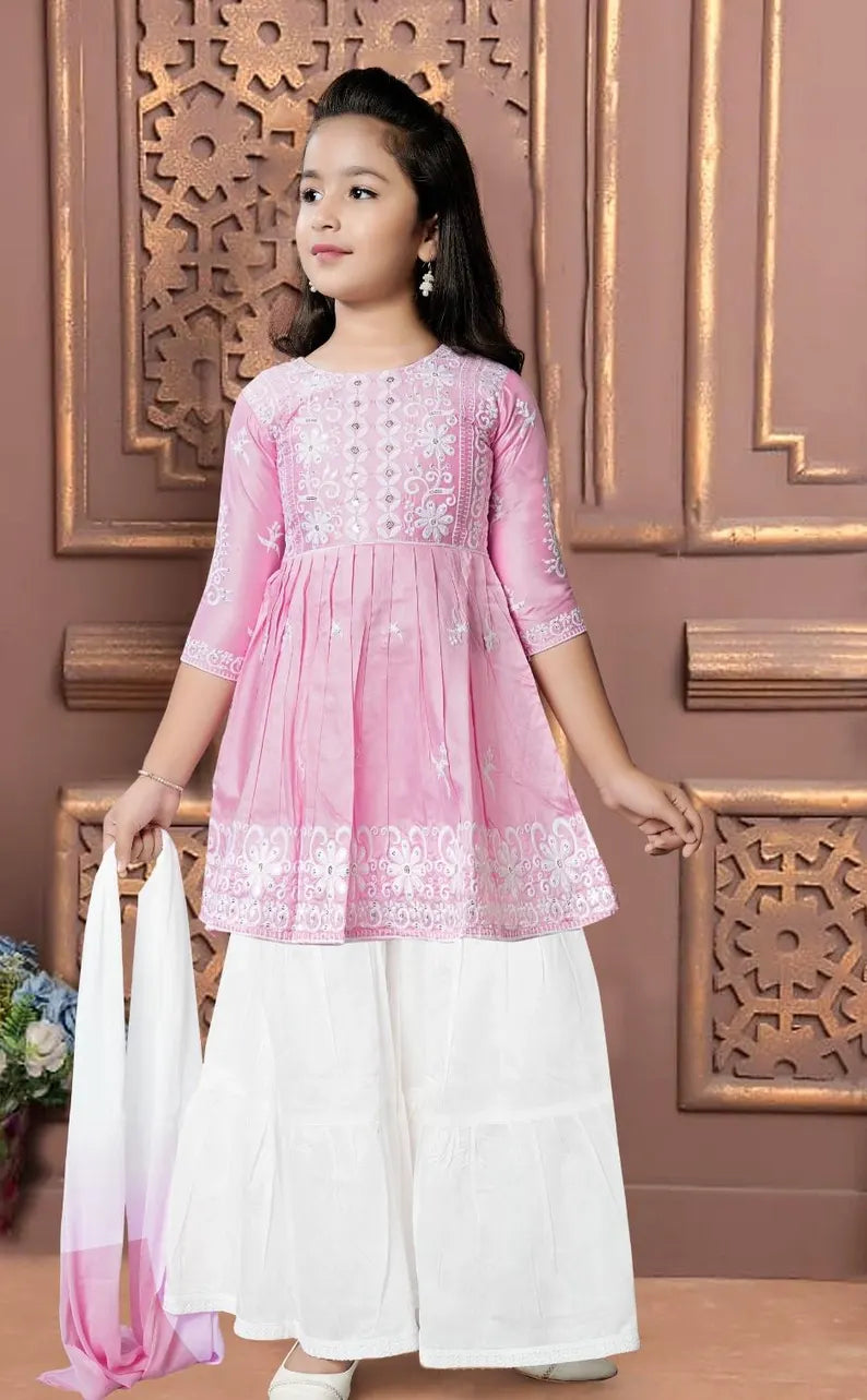 Girls Pink & White Ethnic Salwar Kurta Set with Dupatta